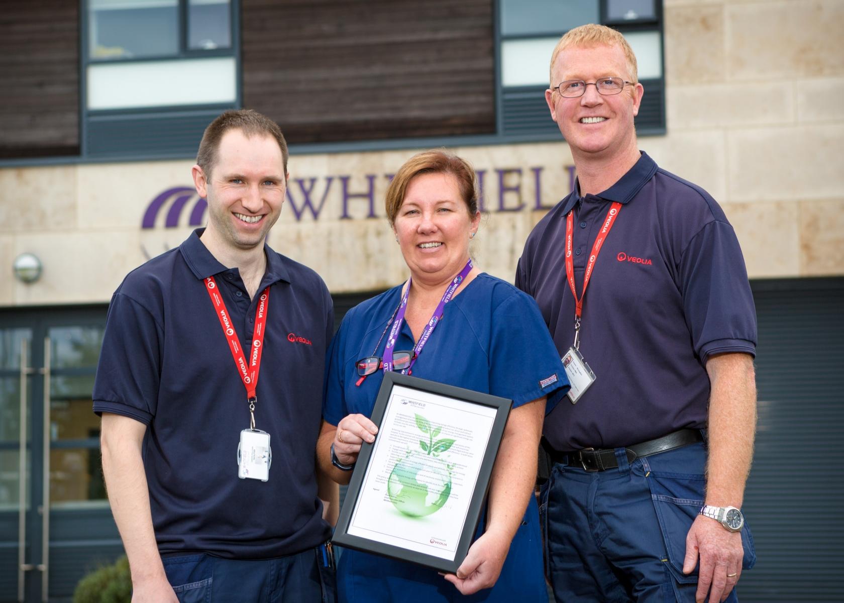 Whitfield ISO 500001 team Veolia and Whitfield Hospital team with the ISO50001 certificate