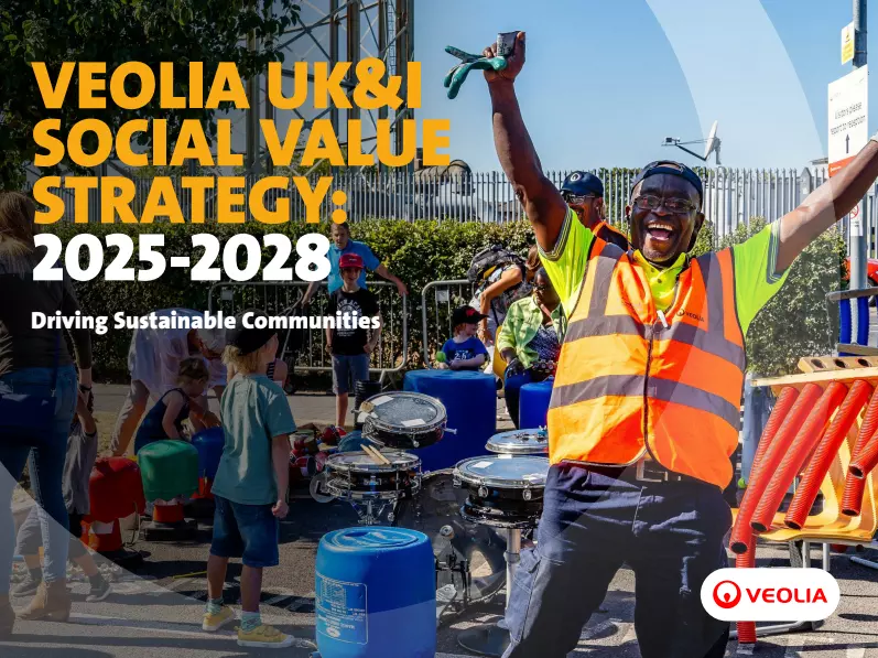 Front cover of Veolia's Social Value strategy showing a happy Veolia employee